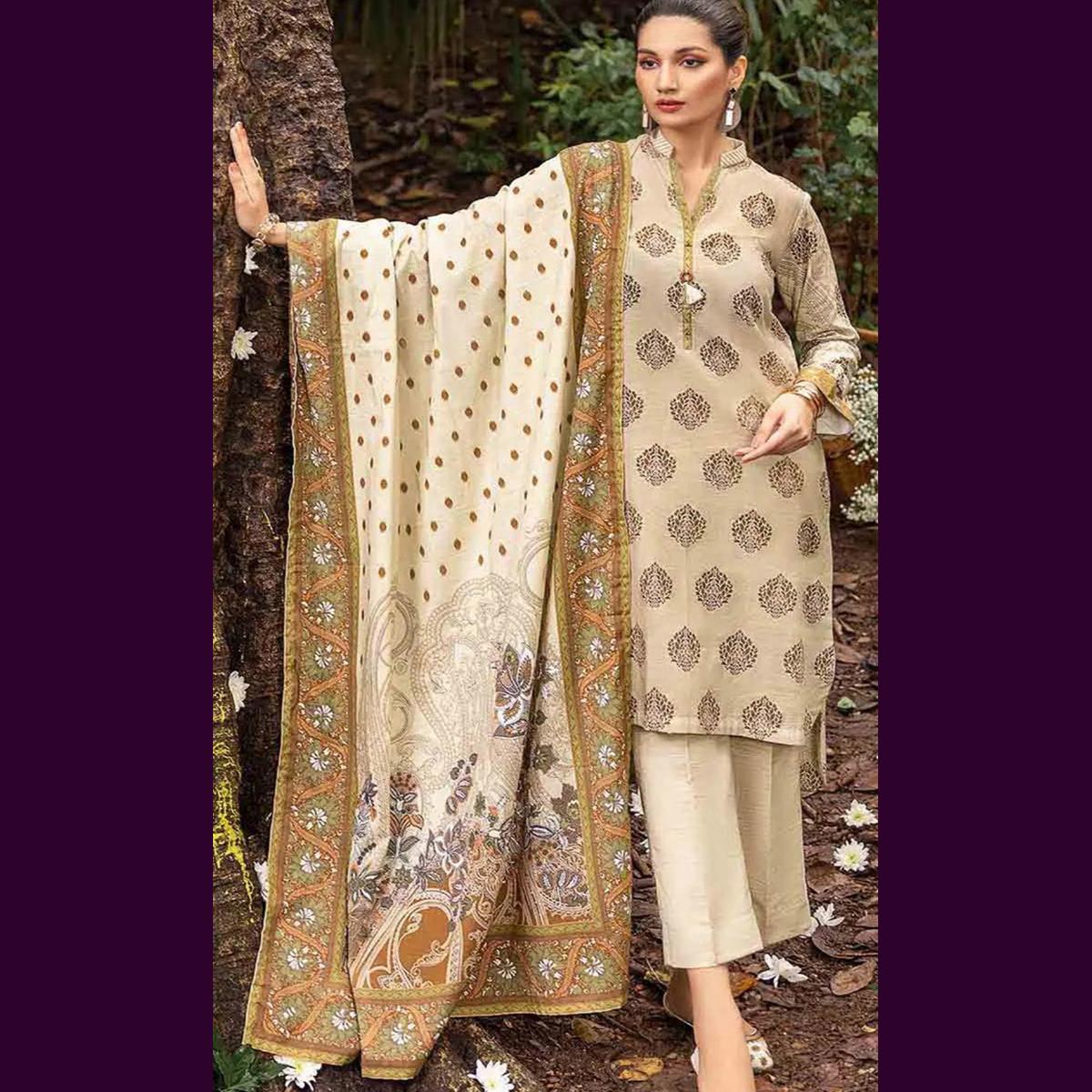 Gul Ahmed 3 Pcs Unstitched Printed Khaddar Suit Brown