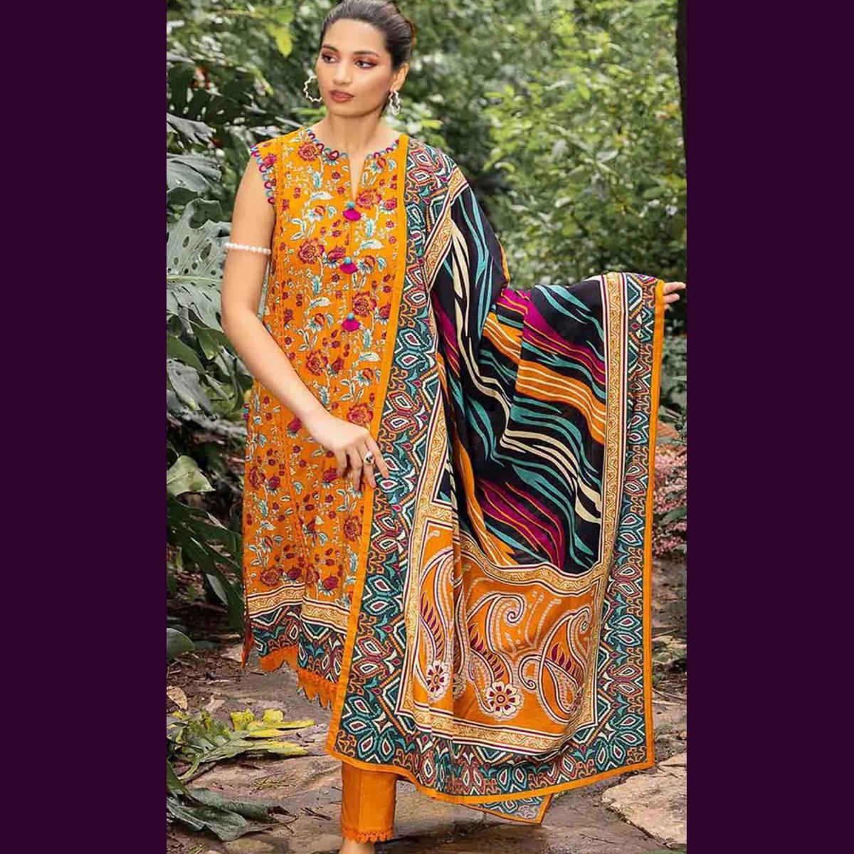 Gul Ahmed 3 Pcs Unstitched Printed Khaddar Suit Gold Orange