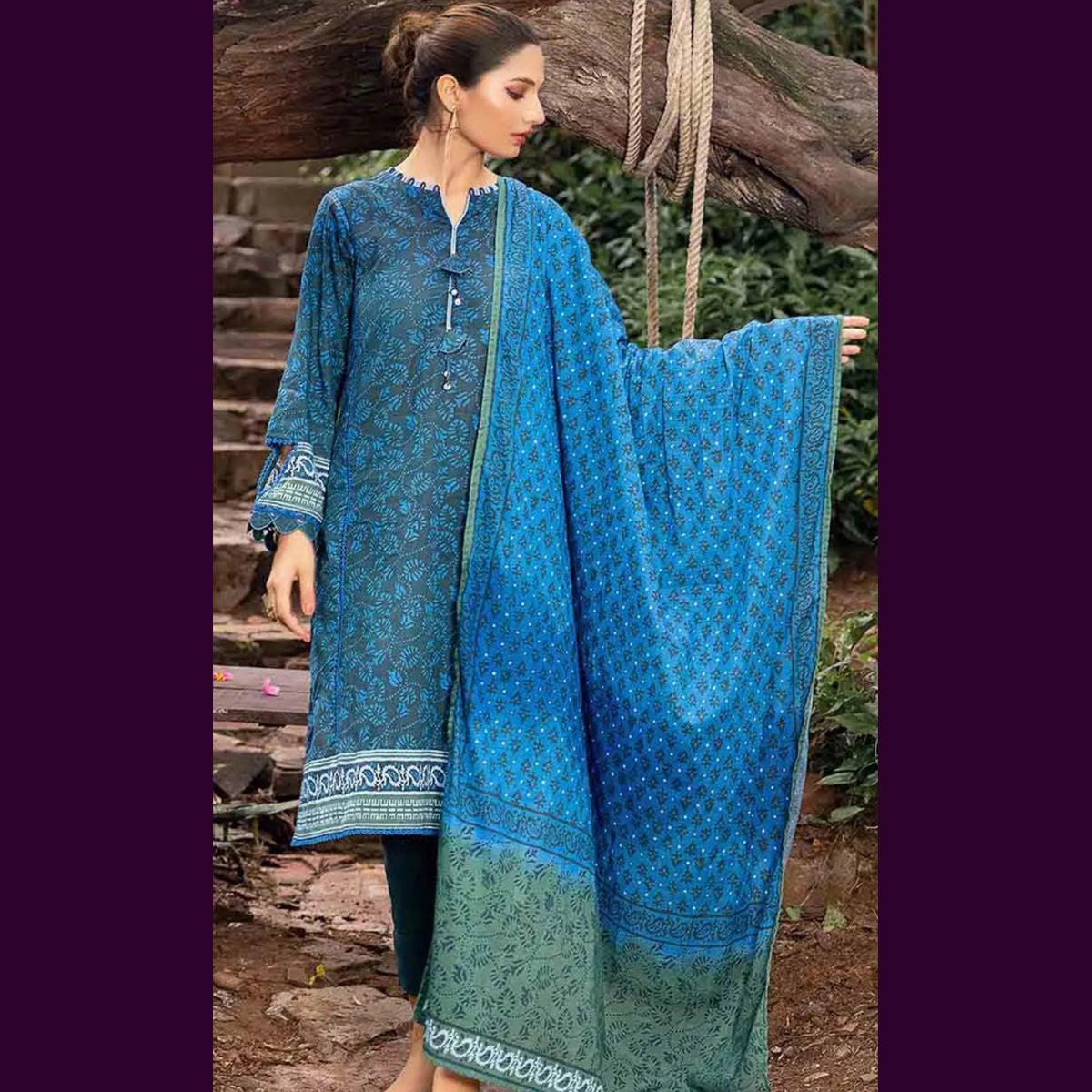 Gul Ahmed 3 Pcs Unstitched Printed Khaddar Suit Teal Blue