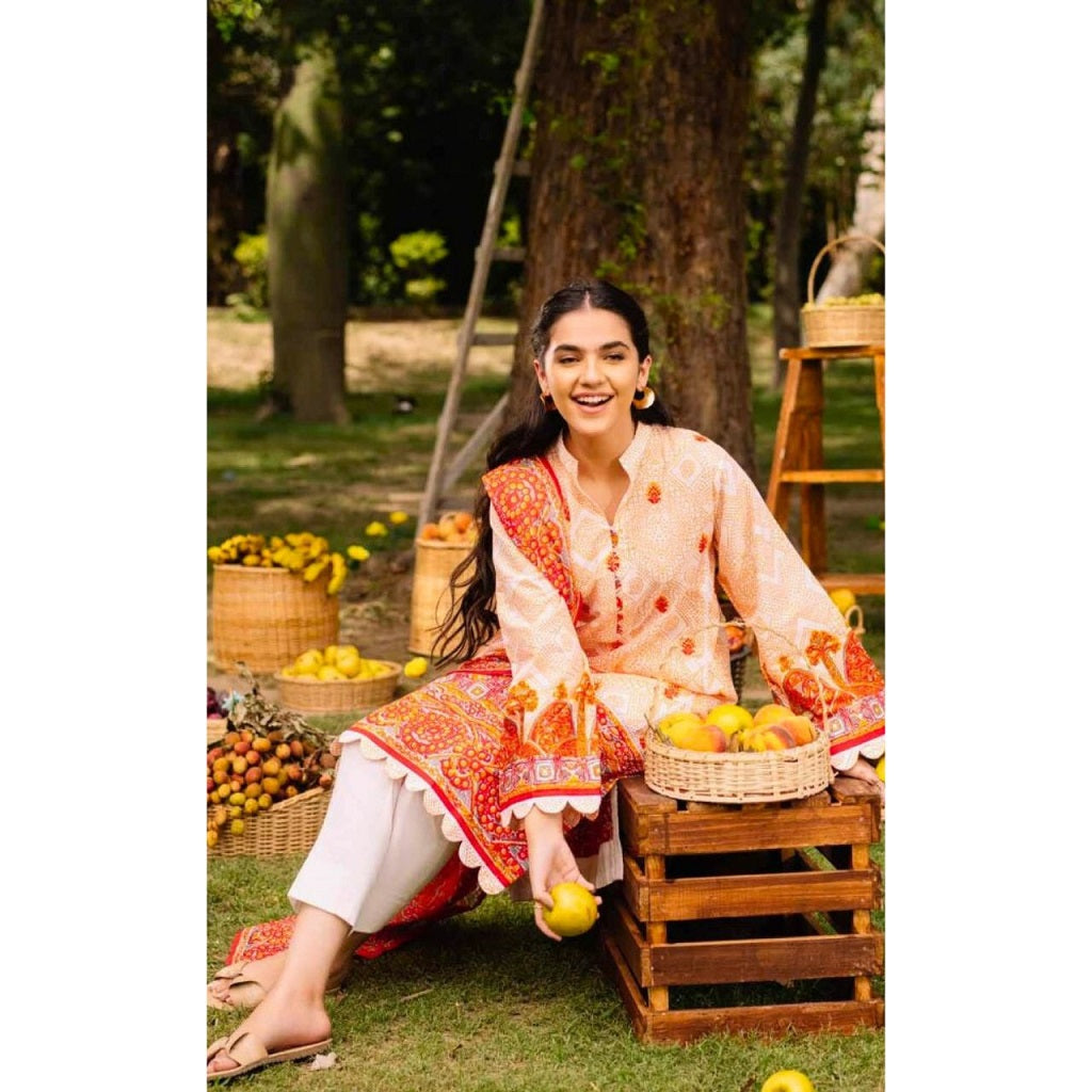 Gul Ahmed 3 Pcs Unstitched Printed Wool Suit Orange