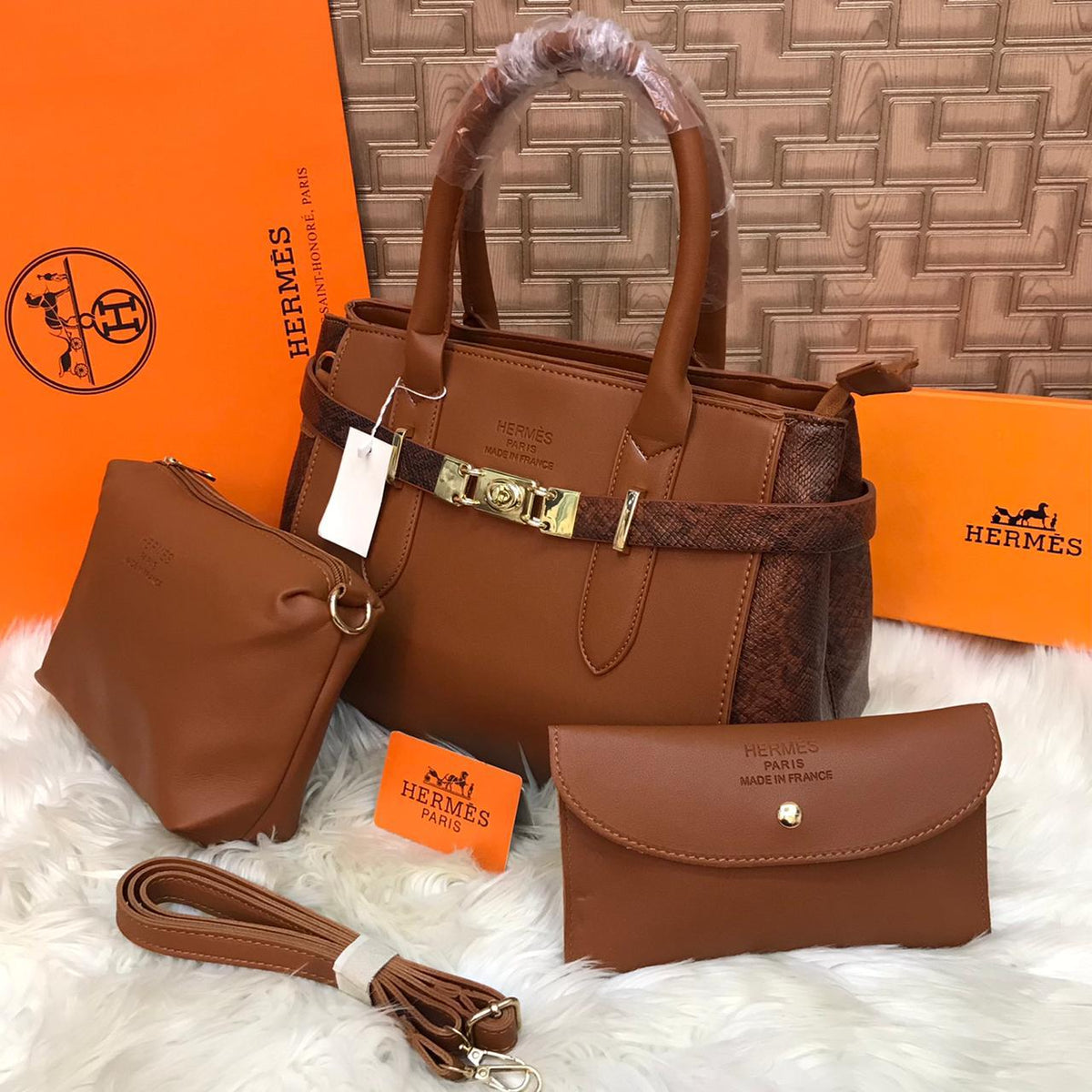 Hermes 3 Pcs Handbag Brown