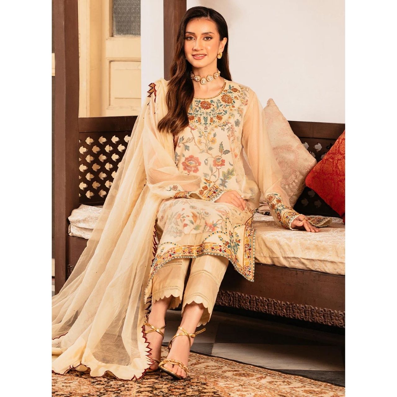 Jasmine 3 Pcs Embroidered Stitched Suit Brown