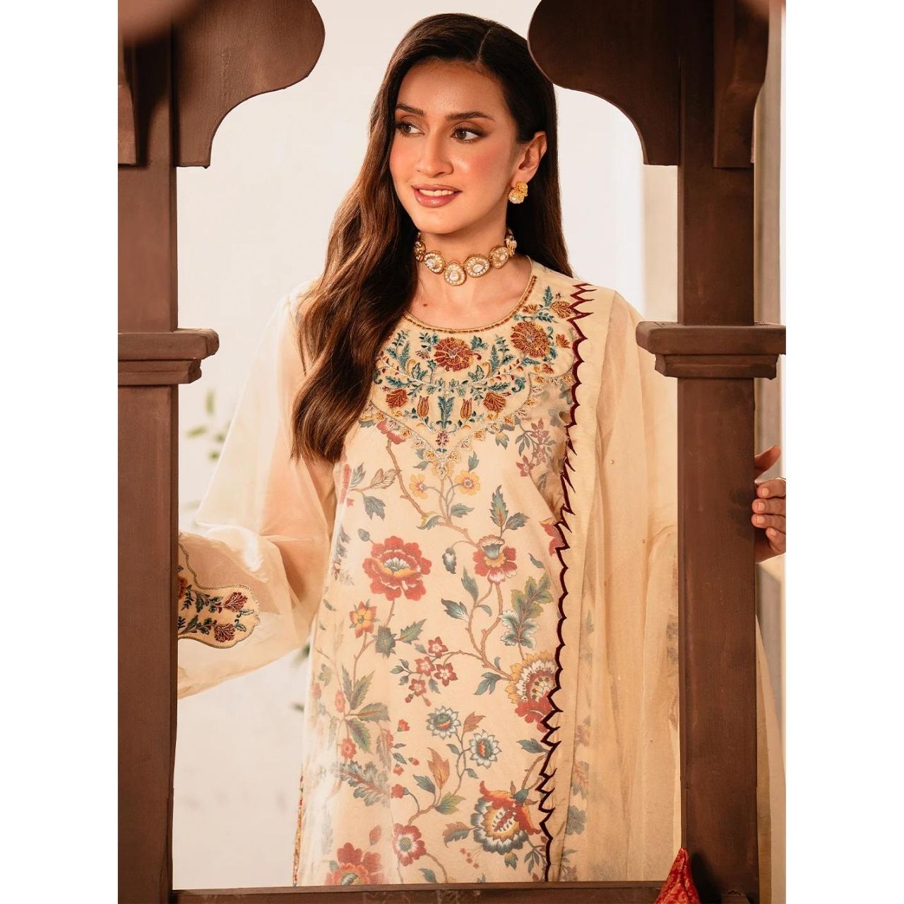 Jasmine 3 Pcs Embroidered Stitched Suit Brown