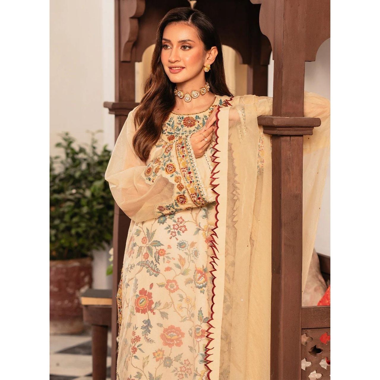 Jasmine 3 Pcs Embroidered Stitched Suit Brown