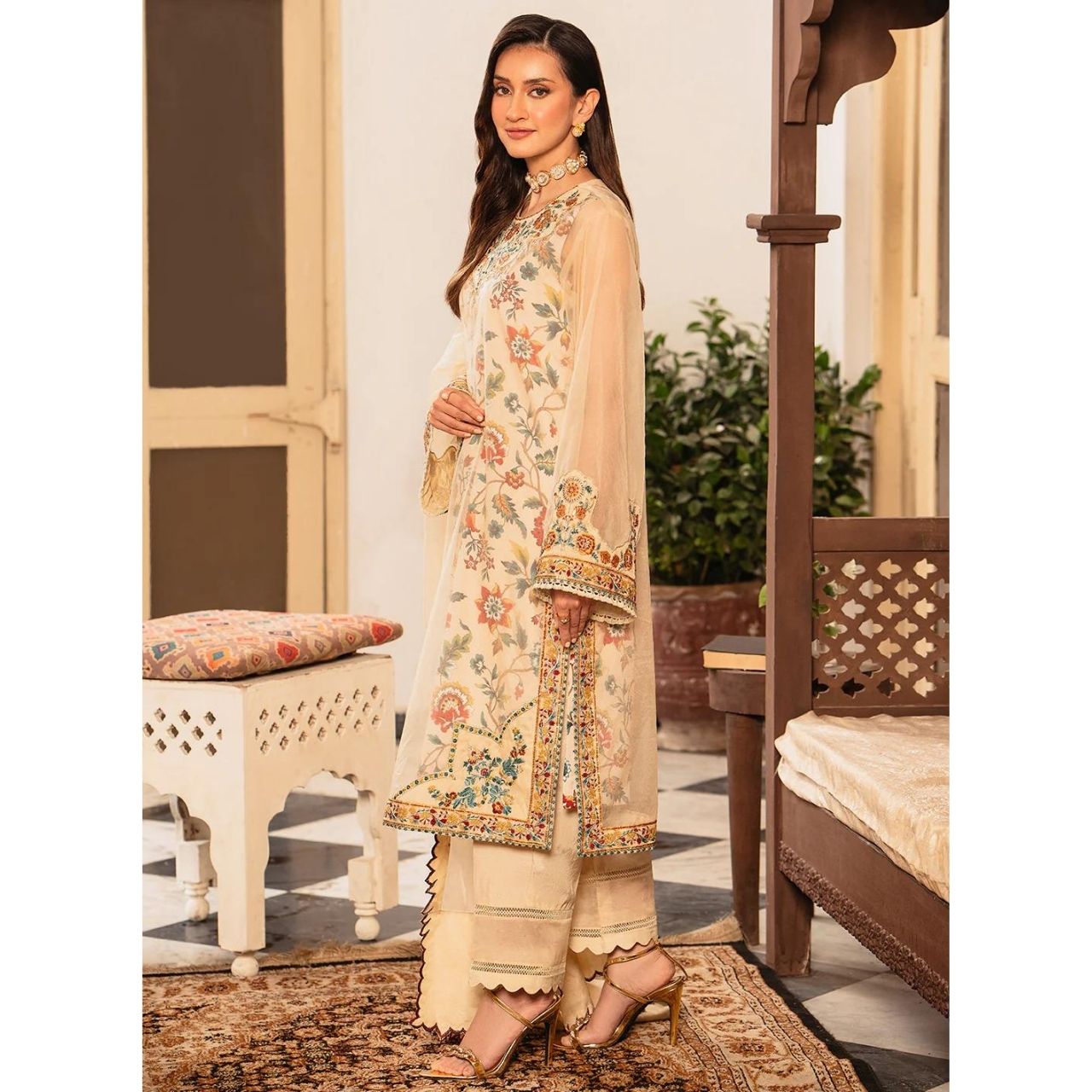 Jasmine 3 Pcs Embroidered Stitched Suit Brown