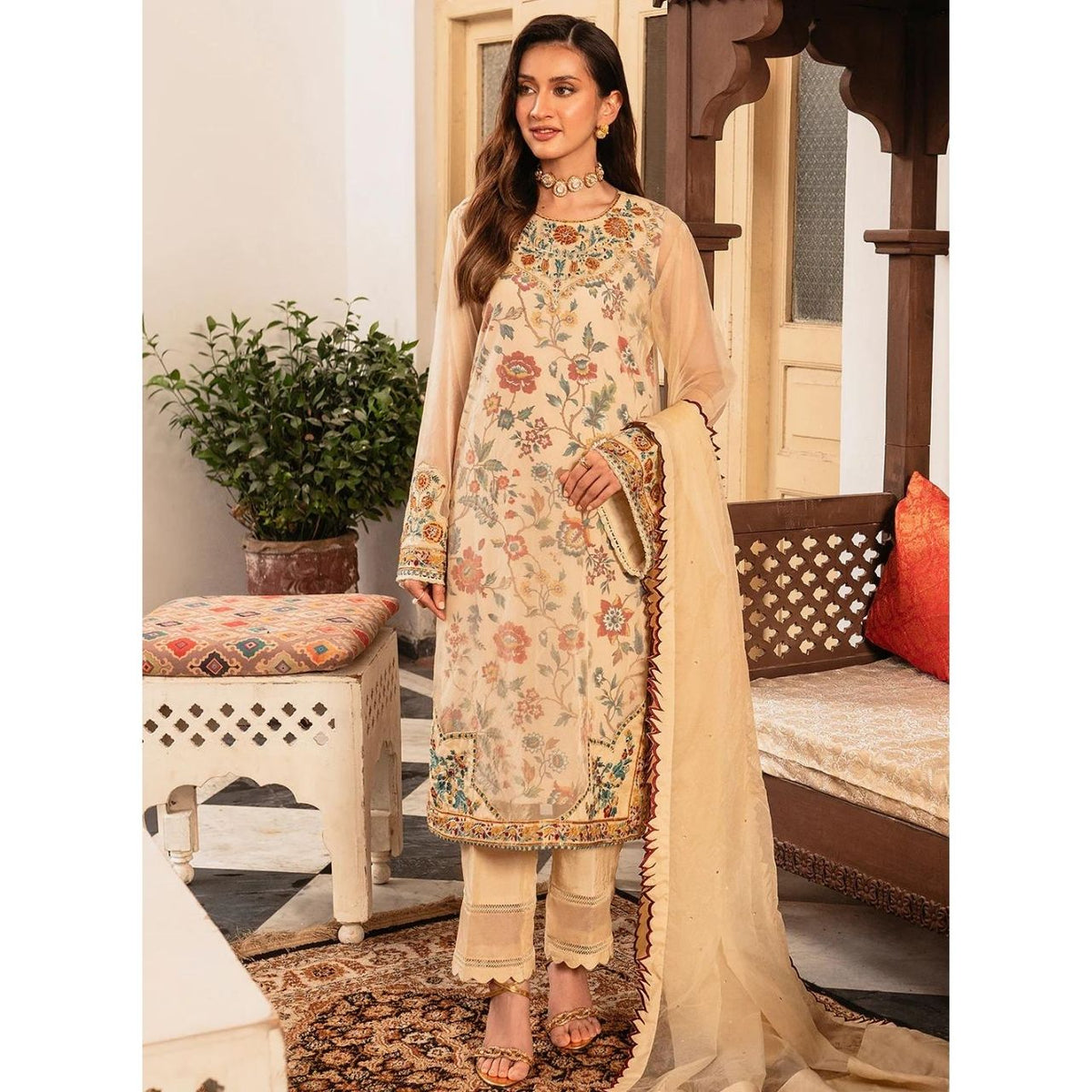 Jasmine 3 Pcs Embroidered Stitched Suit Brown