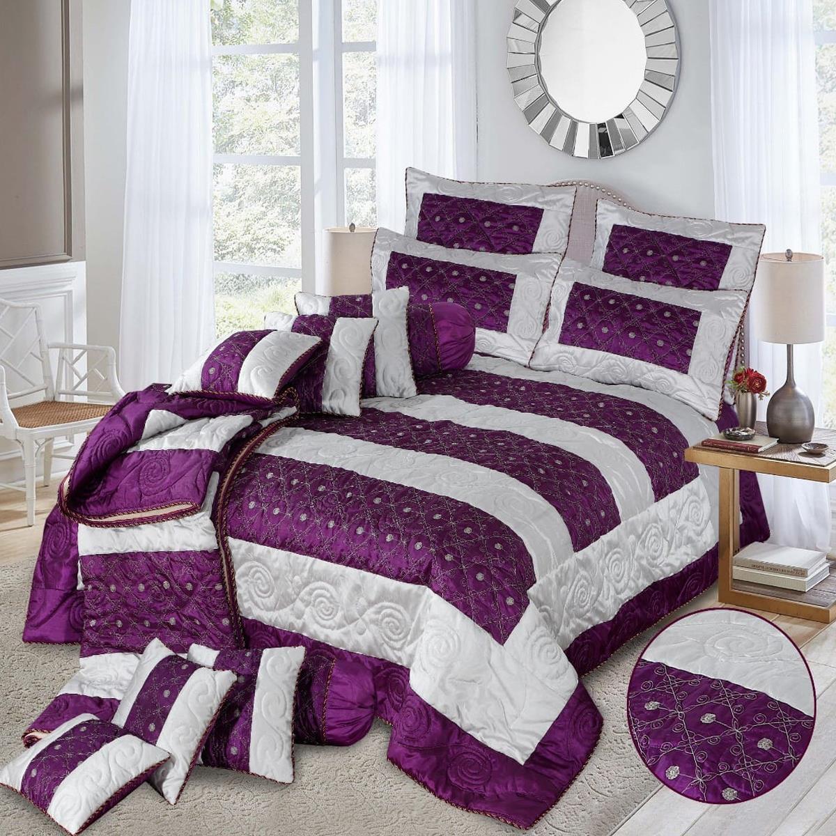 Joyce 14 Pcs Silk Quilted & Embroidered Purple Bedspread Set