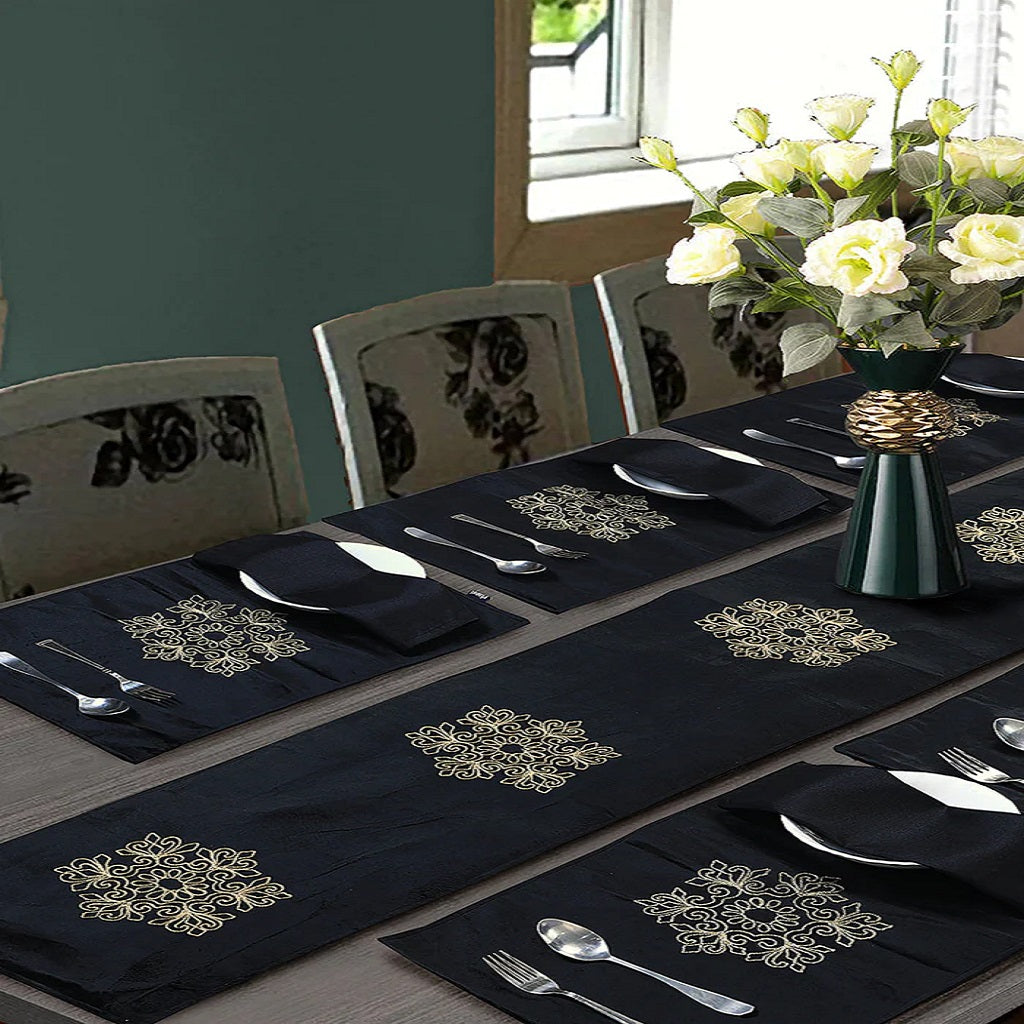 Kalena 7 Pcs Embroidered Table Runner Set Velvet Black