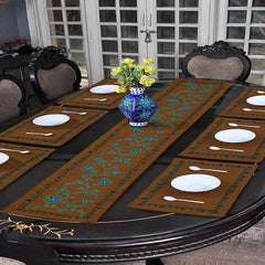 Kalena 7 Pcs Embroidered Table Runner Set Brown