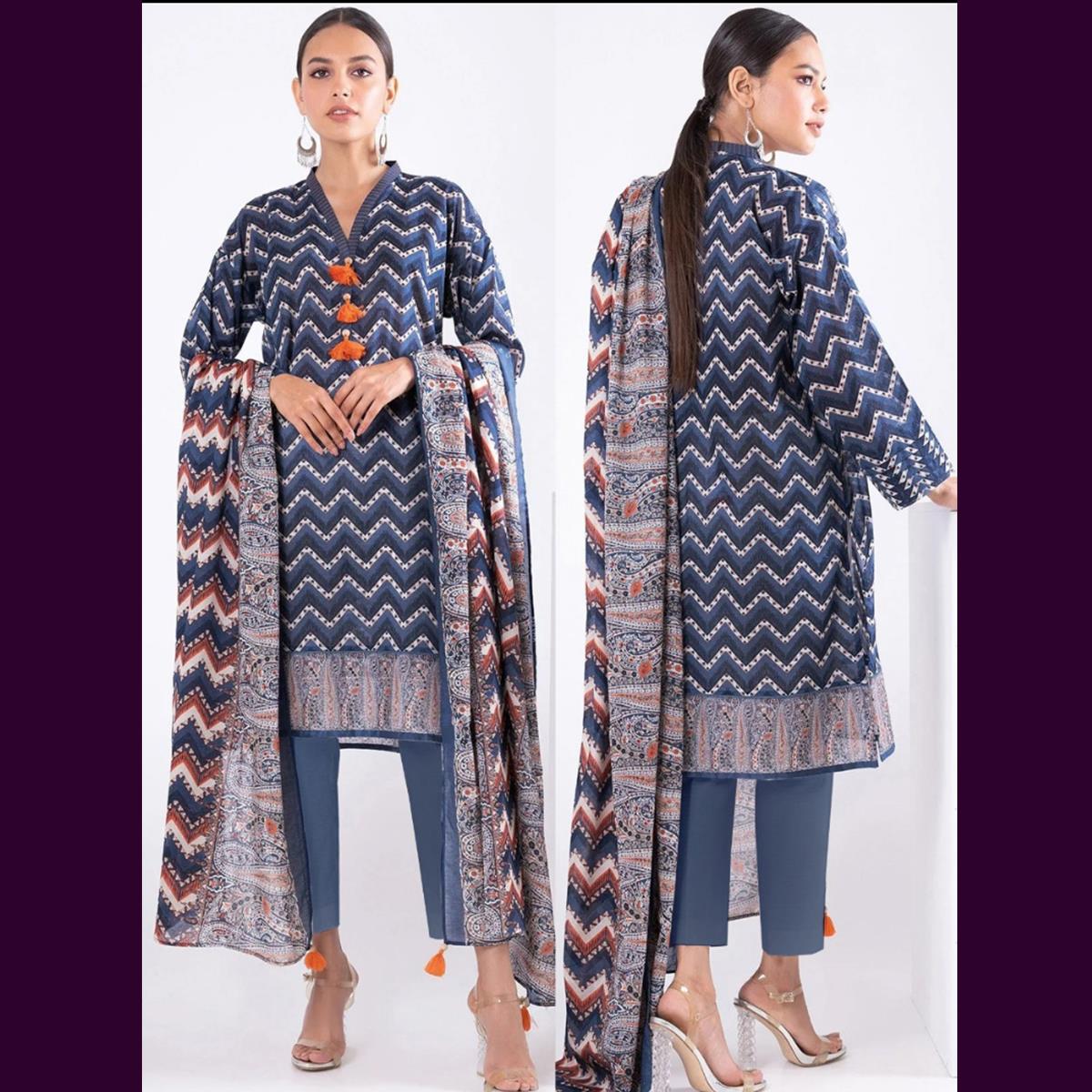 Khaadi 3 Pcs Unstitched Printed Wool Suit Blue