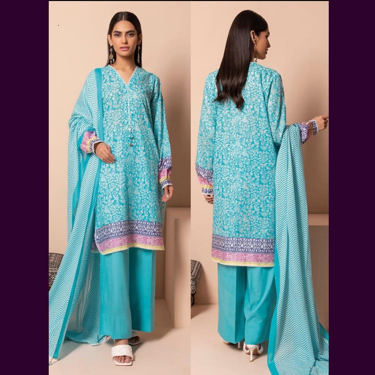 Khaadi 3 Pcs Unstitched Printed Wool Suit Sky Blue