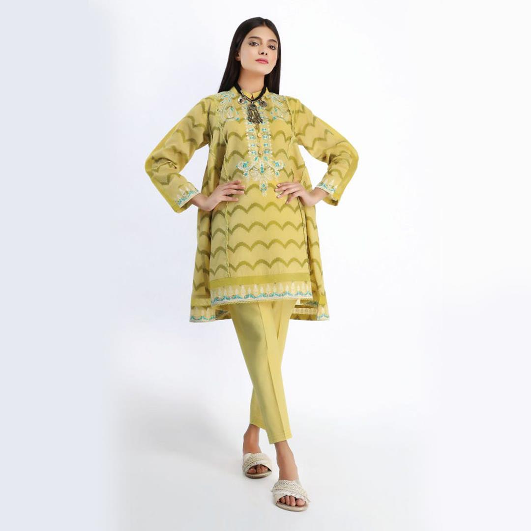 Khaadi Brosha Embroidered Kameez Pants Lime Green