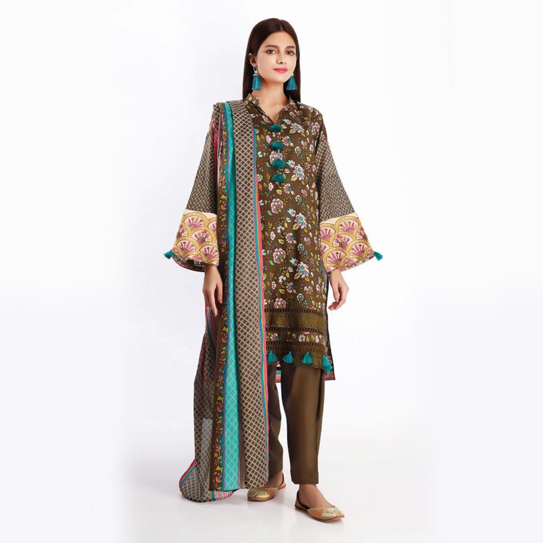 Khaadi Embroidered 3 Pcs Suit Brown