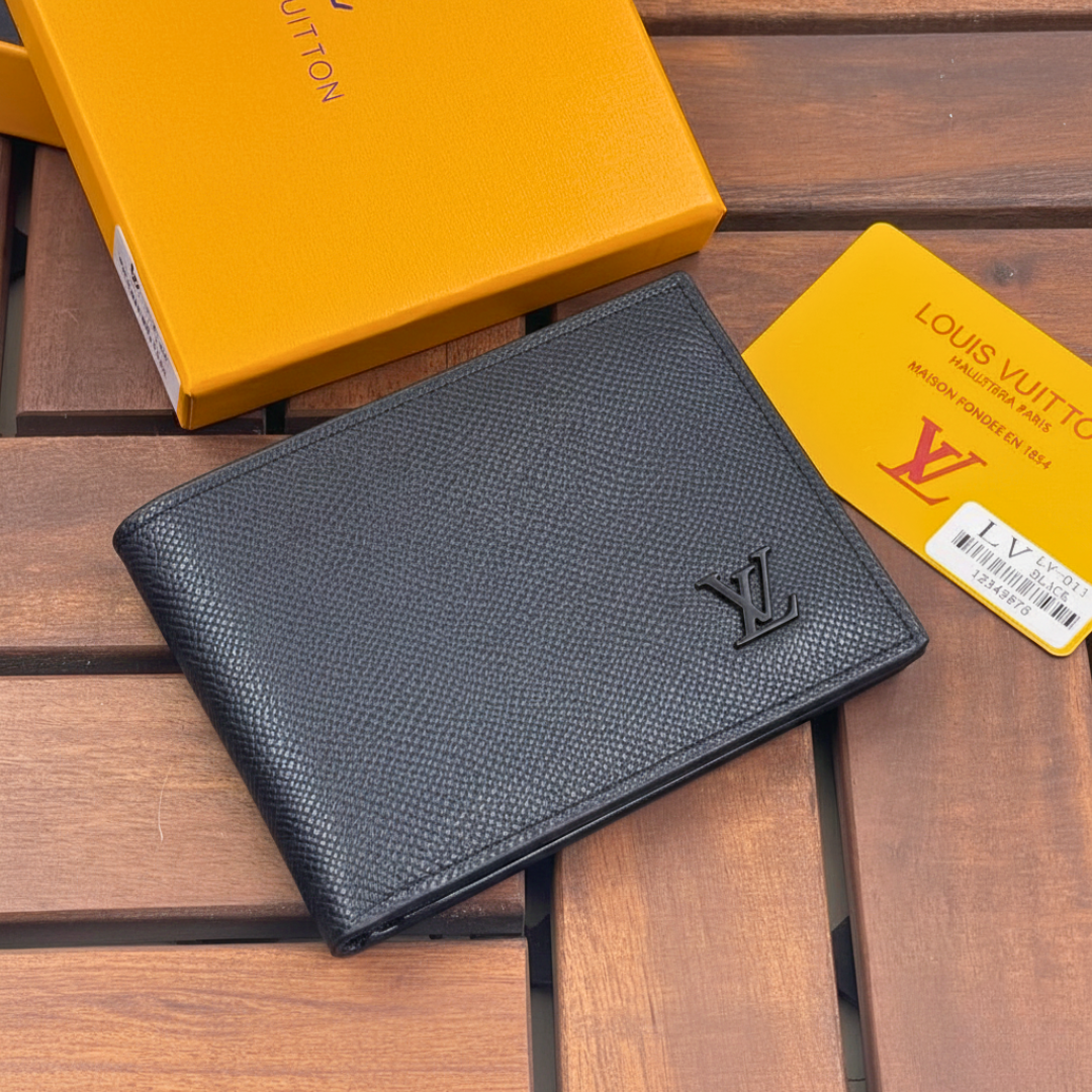 LV Leather Bifold Men Wallet Black Textured (Made In Italy)