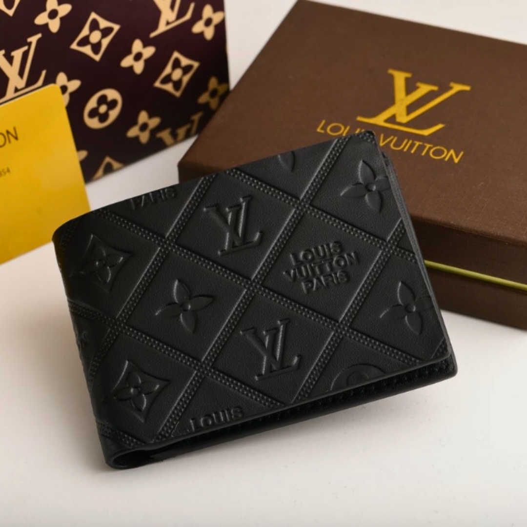 LV Premium Leather Bifold Men Wallet Black Textured (Made In Italy)