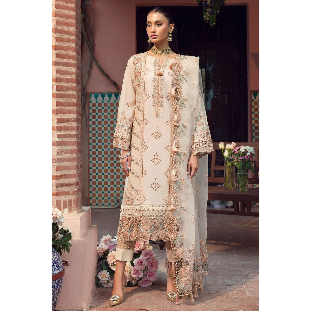 Laila Unstitched Embroided Lawn Suit Beige