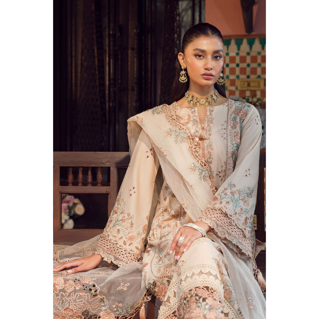 Laila Unstitched Embroided Lawn Suit Beige