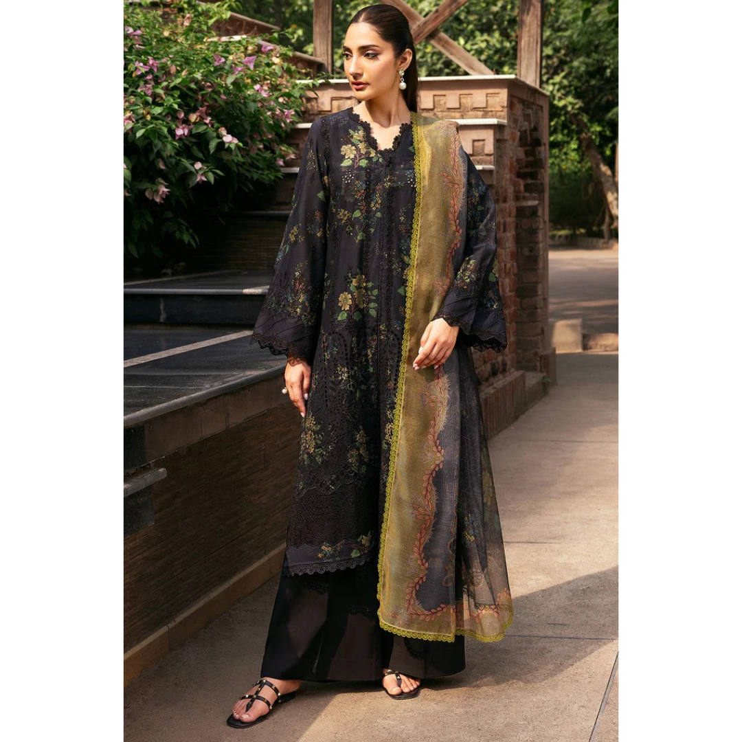 Laila Unstitched Embroided Lawn Suit Black