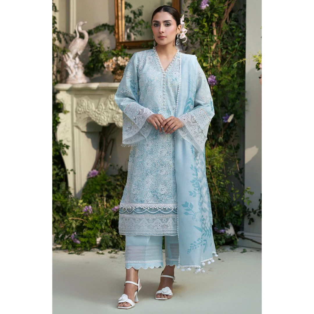 Laila Unstitched Embroided Lawn Suit Blue