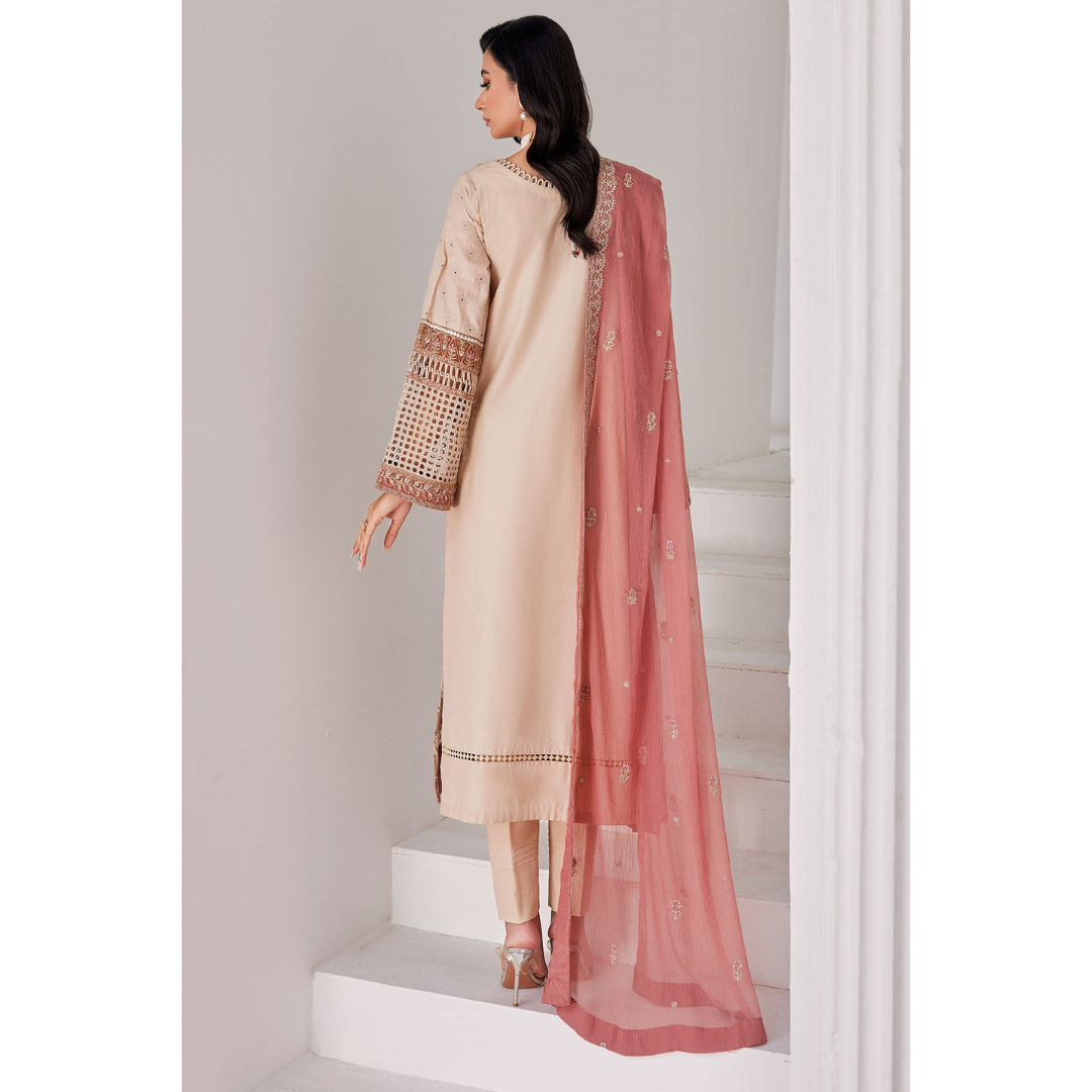 Laila Unstitched Embroided Lawn Suit Brown