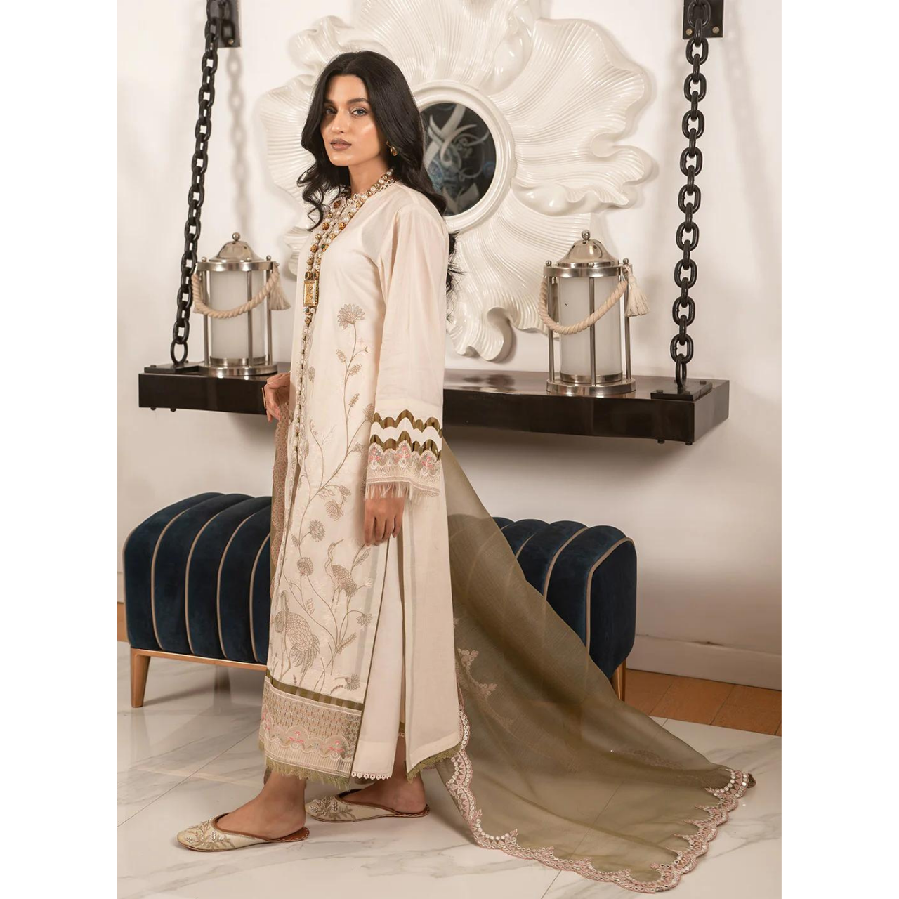 Lara 3 Pcs Embroidered Unstitched Suit Brown