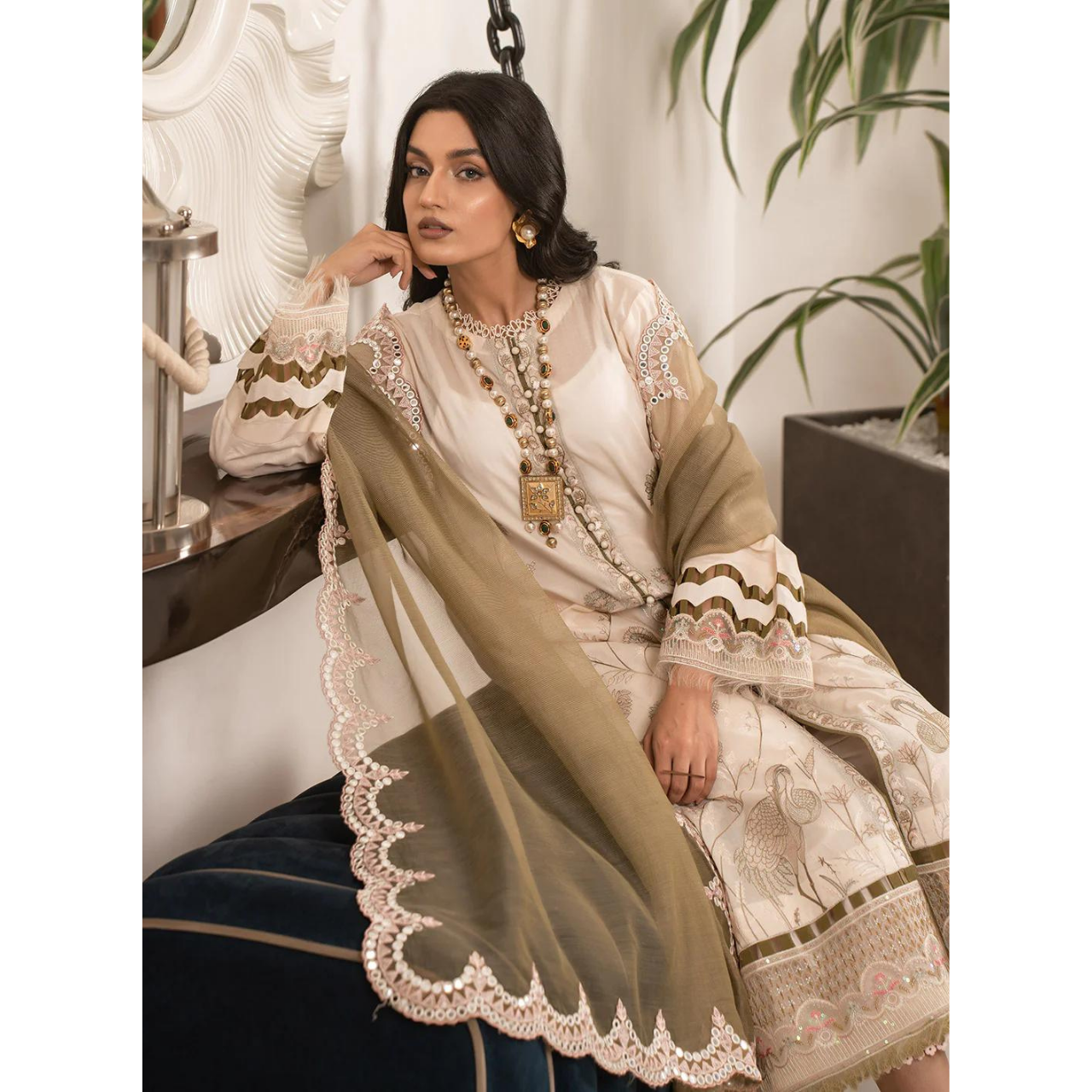 Lara 3 Pcs Embroidered Unstitched Suit Brown