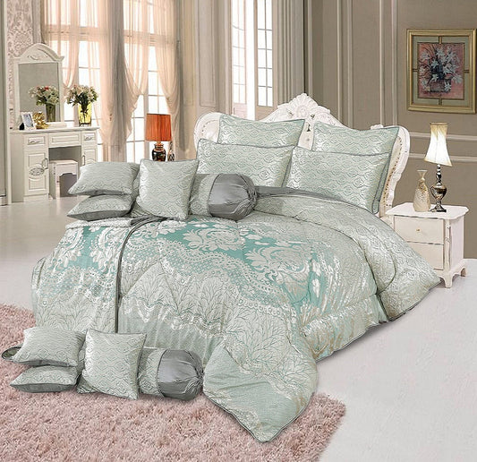 Liesel 14 Pcs Palachi Velvet Gold Green Bed Set with Filled Comforter 1024