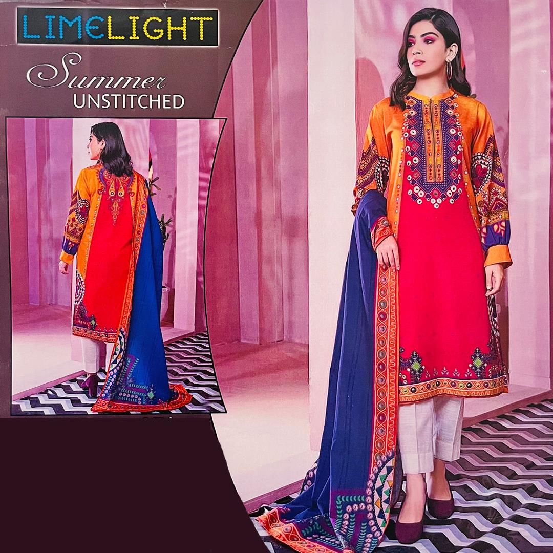 Limelight 3 Pcs Unstitched Printed Lawn Suit Red and Blue