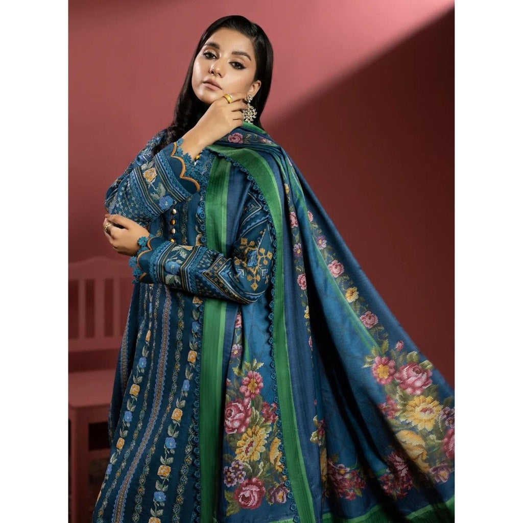 Maha 3 Pcs Embroidered Unstitched Winter Suit Blue