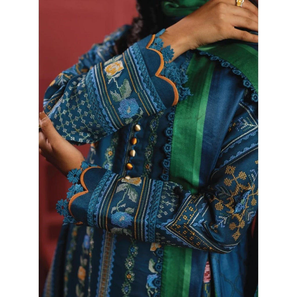 Maha 3 Pcs Embroidered Unstitched Winter Suit Blue