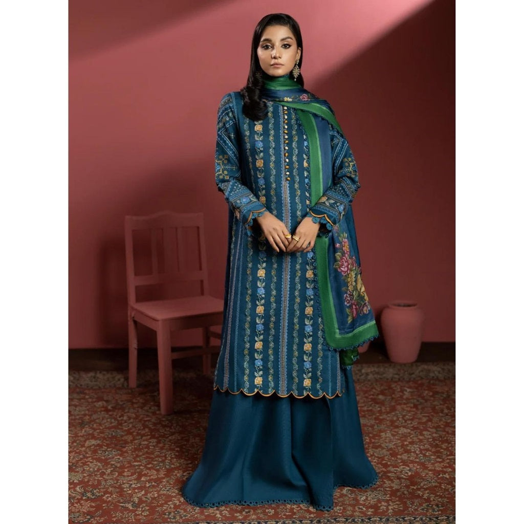 Maha 3 Pcs Embroidered Unstitched Winter Suit Blue