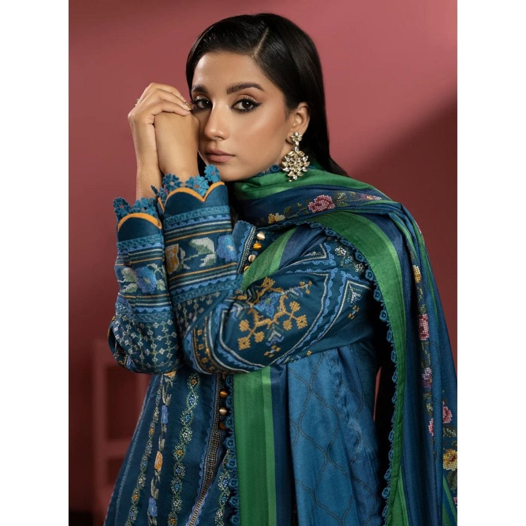 Maha 3 Pcs Embroidered Unstitched Winter Suit Blue