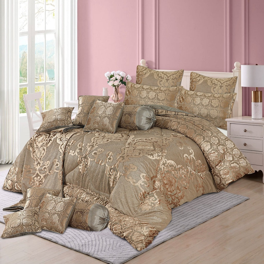 Makaila 14 Pcs Palachi Gold Brown Bedding Set with Filled Comforter