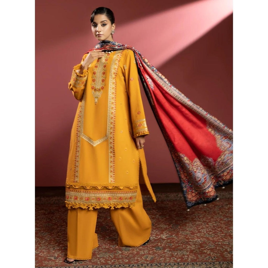 Manha 3 Pcs Embroidered Unstitched Winter Suit Mustard