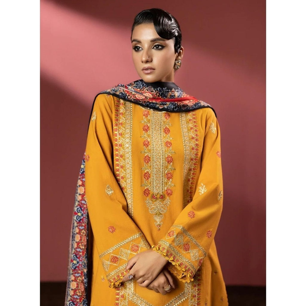 Manha 3 Pcs Embroidered Unstitched Winter Suit Mustard