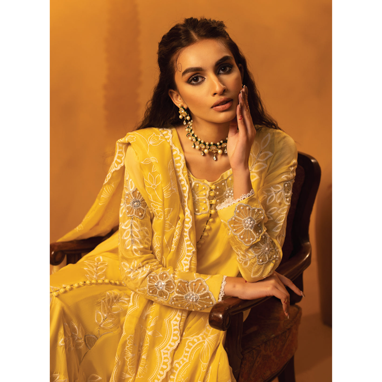 Manon 3 Pcs Stitched Embroidered Suit Yellow