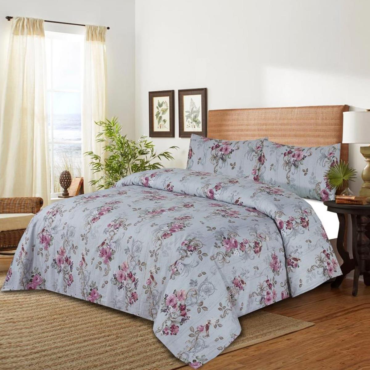 Margot Satin 3 Pcs Bedding Set Floral Grey