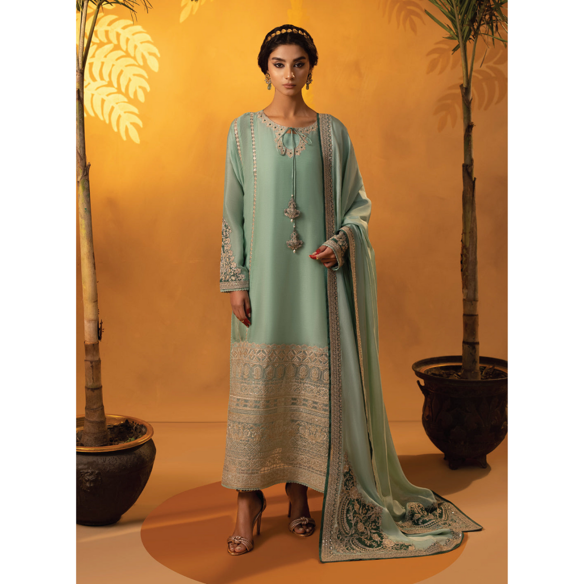 Marisa 3 Pcs Stitched  Embroidered Suit Sea Green