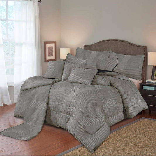 Marisha 14 Pcs Cotton Jacquard Grey Bedding Set with Filled Comforter 1200