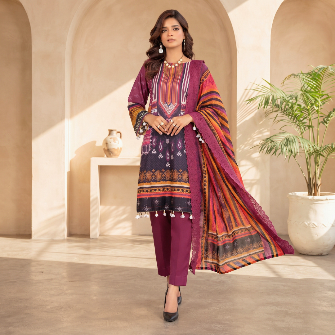 Mashaal 3 Pcs Unstitched Embroidered Lawn Suit Maroon