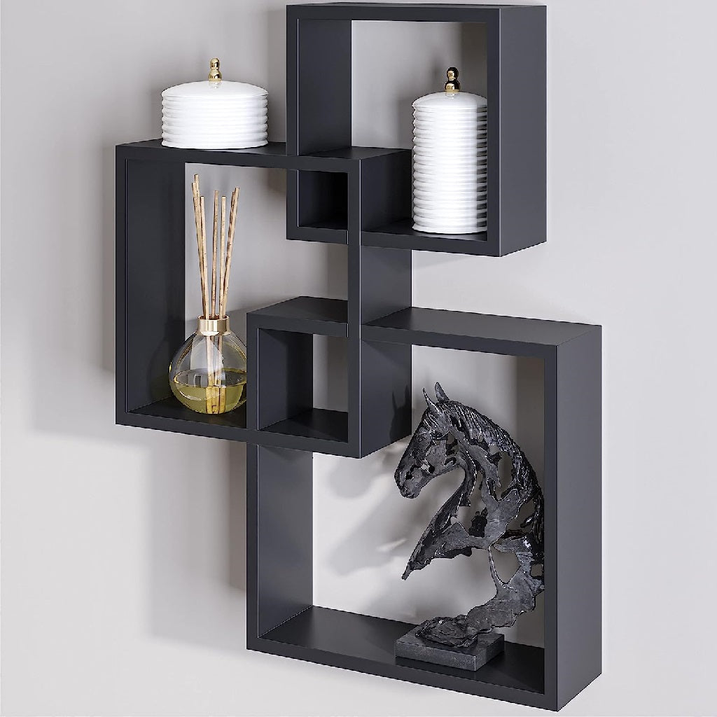 Melannco Square Interlock 3 Pcs Floating Wall Shelf Black