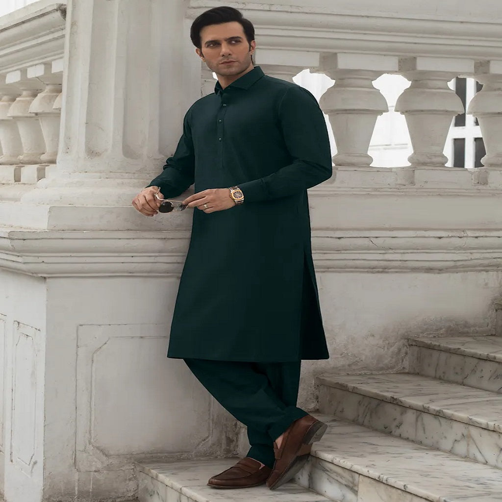 Men Unstitched Kameez Shalwar Fabric Green