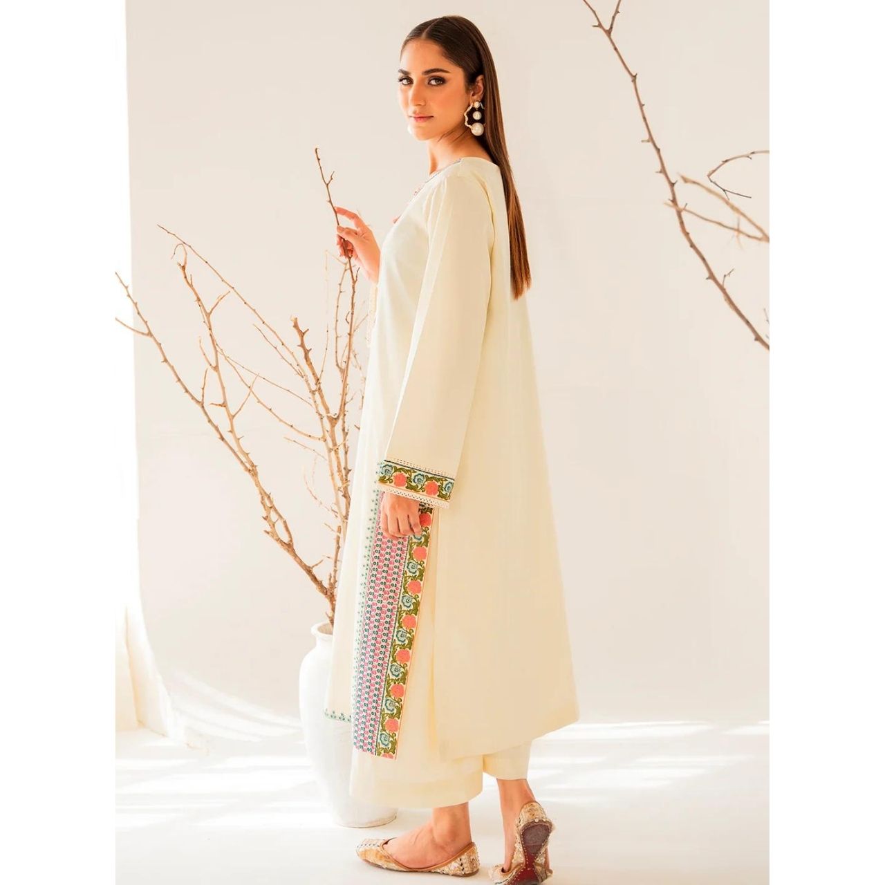 Miha 2 Pcs Embroidered Stitched Suit Beige