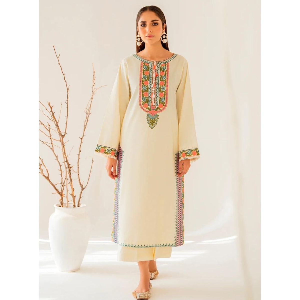 Miha 2 Pcs Embroidered Stitched Suit Beige