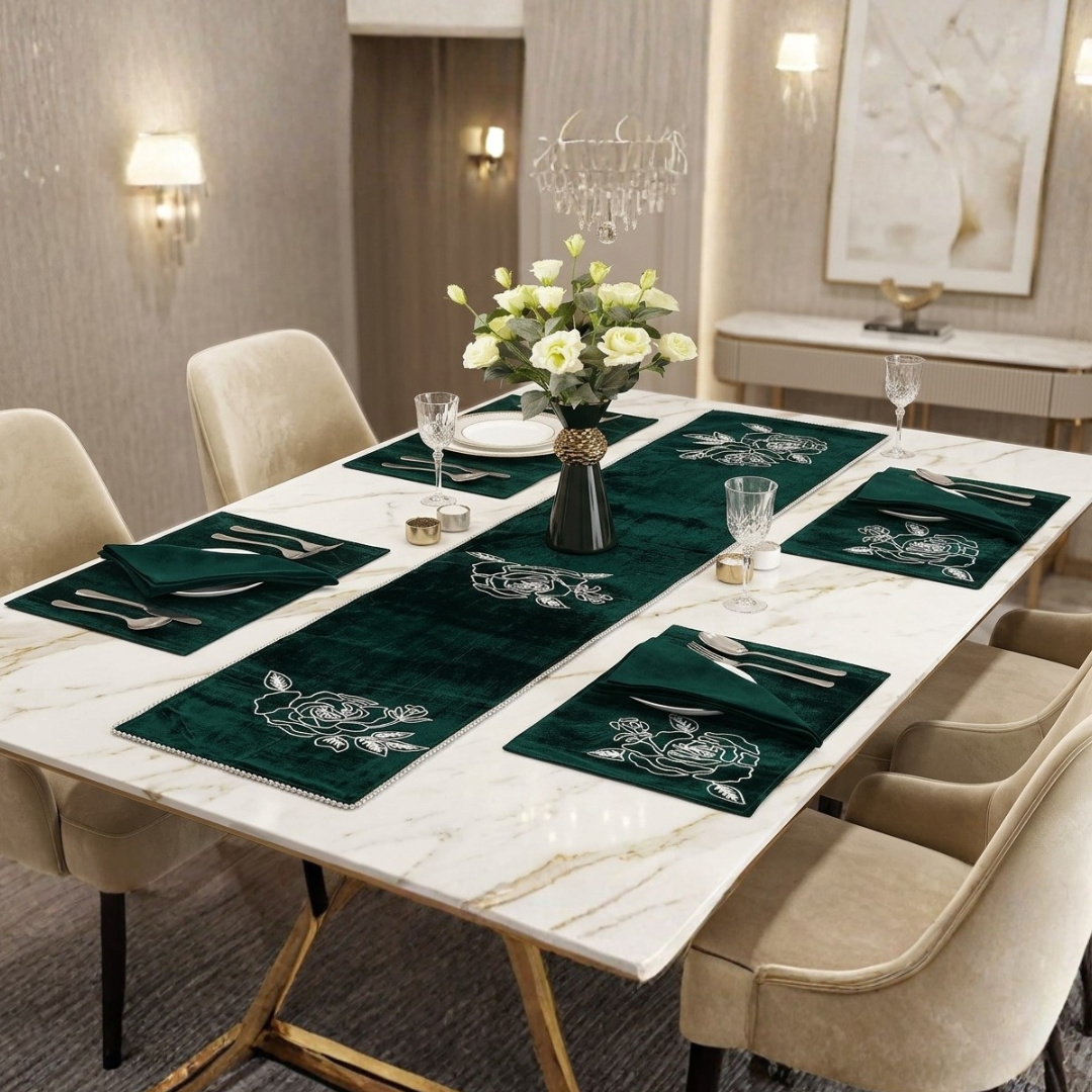 Milana 7 Pcs Embroidered Table Runner Set Green