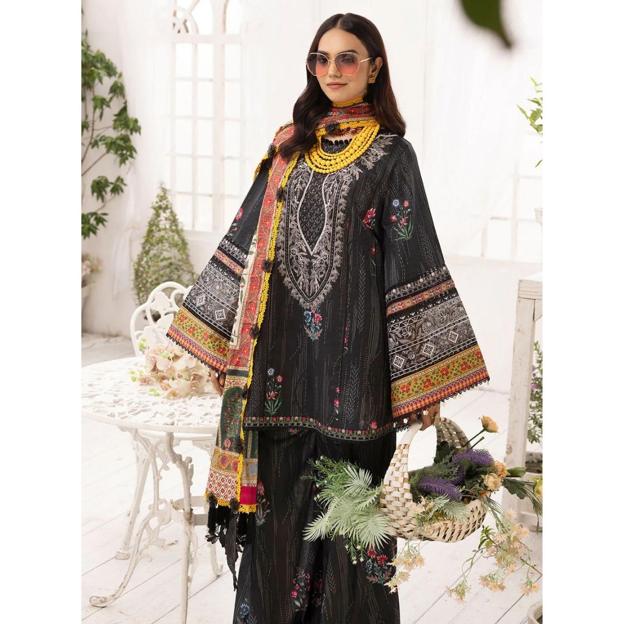 Mirha 3 Pcs Embroidered Unstitched Suit Black