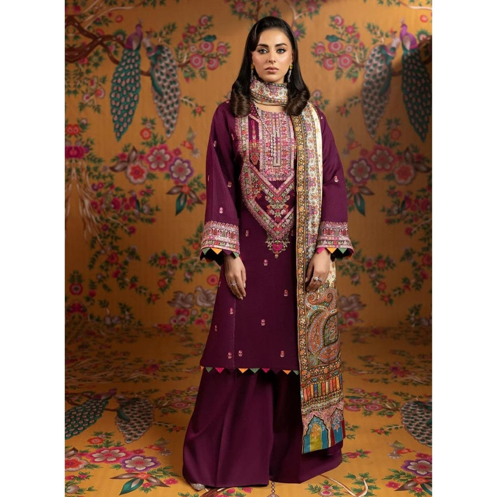 Misha 3 Pcs Embroidered Unstitched Winter Suit Purple