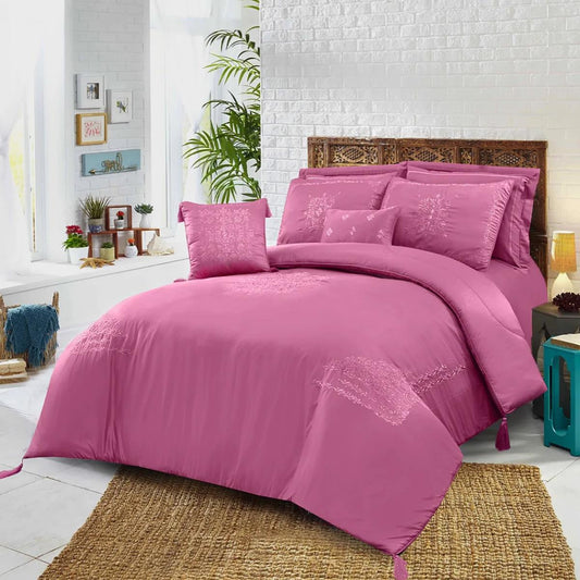 Mist Pink with Pink Embroidery 8 Pcs Cotton Sateen Bedding Set with Filled Comforter 1200