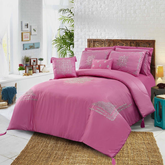 Mist Pink with Silver Embroidery 8 Pcs Cotton Sateen Bedding Set with Filled Comforter 1200