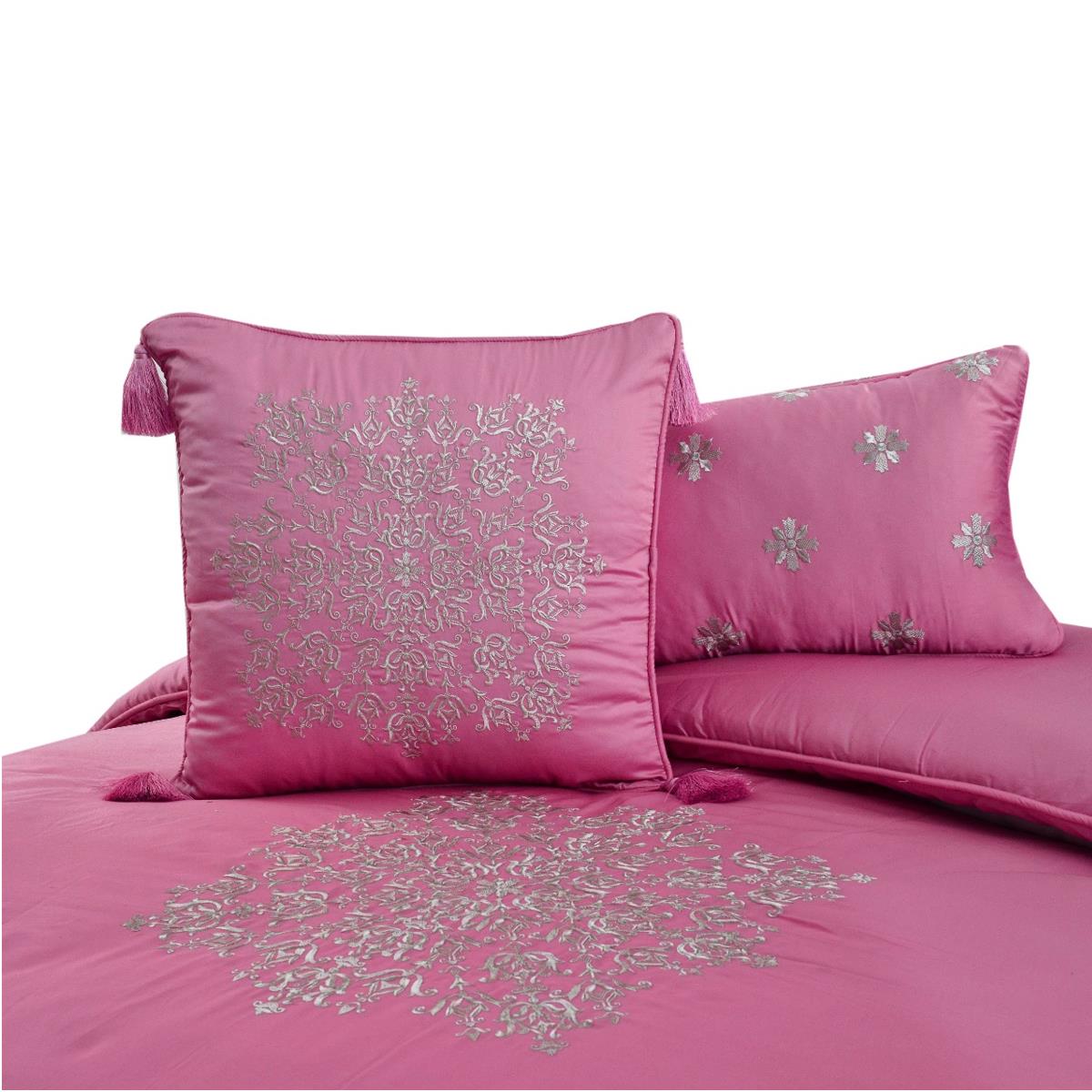 Mist Pink with Silver Embroidery 8 Pcs Cotton Sateen Bedding Set with Filled Comforter